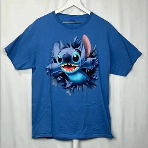 Disney Womens Tee Shirt “Stitch” L 12-14 Blue Graphic Design Short Sleeves EUC